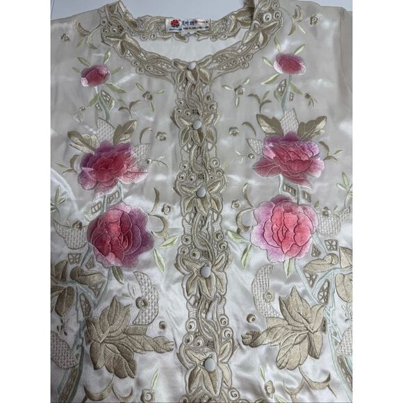 VTG Beautifulleaf Chinese Silk Embroidered Floral Top Blouse Button Up Sz XL - Picture 5 of 12